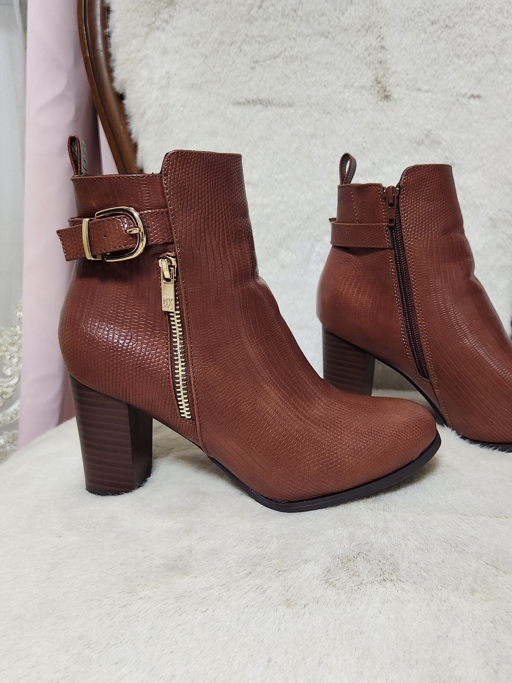 New York & Company Cognac Textured Block Heel Ankle Boots